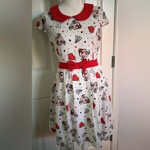 Sourpuss White Midi Dress with Red Hearts, Dog Skulls & Polka Dot Collar